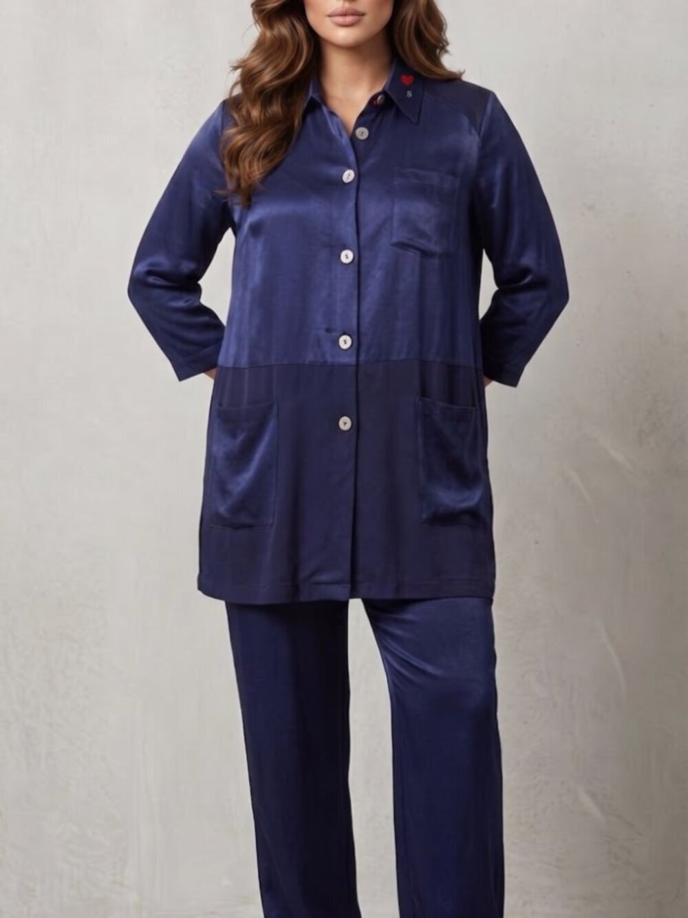 Hidden Heart Blue Satin Lounge Set Size Medium EUC Loungewear Cocktail Pajamas